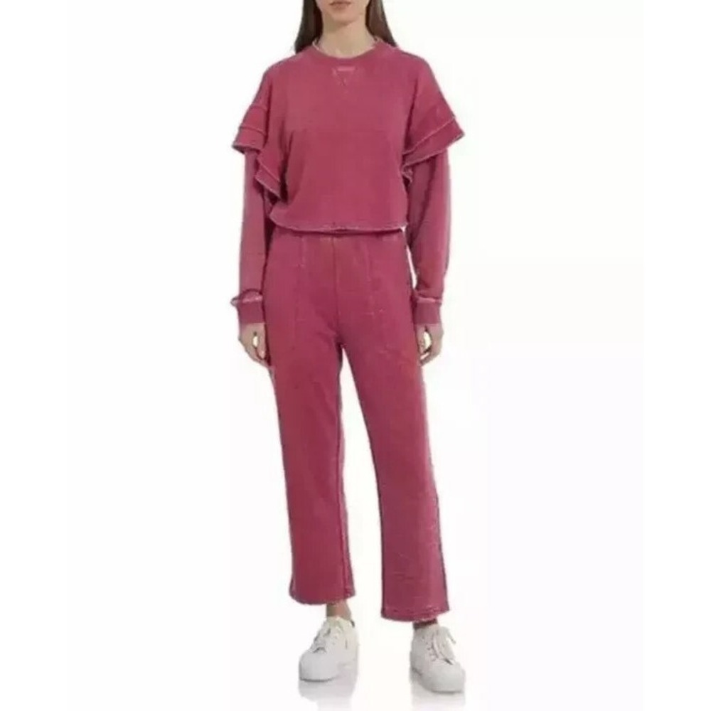 7 For All Mankind Women Crop Jogger Sweatpants Wide Leg Ruffled Waist Fuchsia S*
